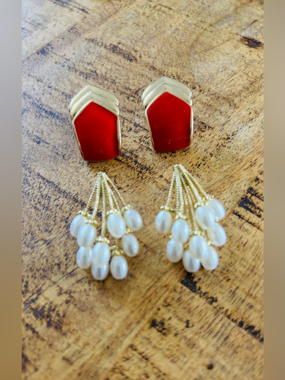 Costume Pierced Earring Lot 80s Gold Tone
Faux Pearl Cluster & Red Enamel Chevro